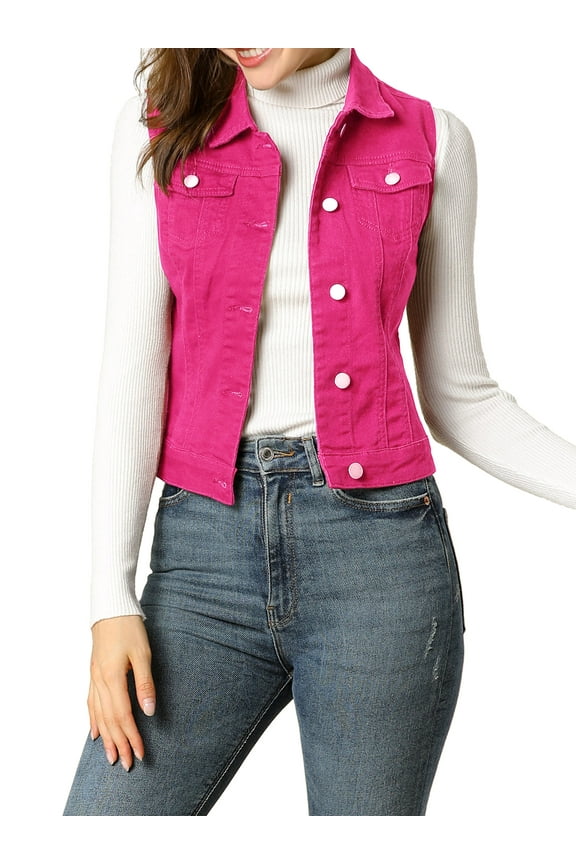 Women's Washed Denim Button Sleeveless Vest Jacket with Pockets Fuchsia M