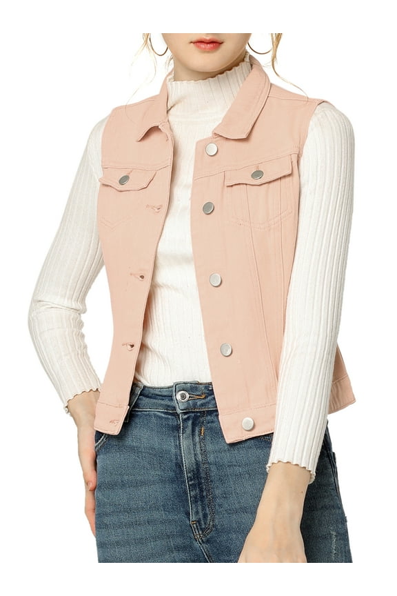 Women's Washed Denim Button Sleeveless Vest Jacket with Pockets Pink M