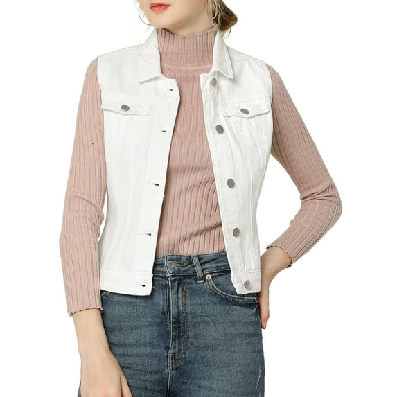 INSPIRE CHIC Women's Washed Denim Button Sleeveless Vest Jacket with Pockets White M