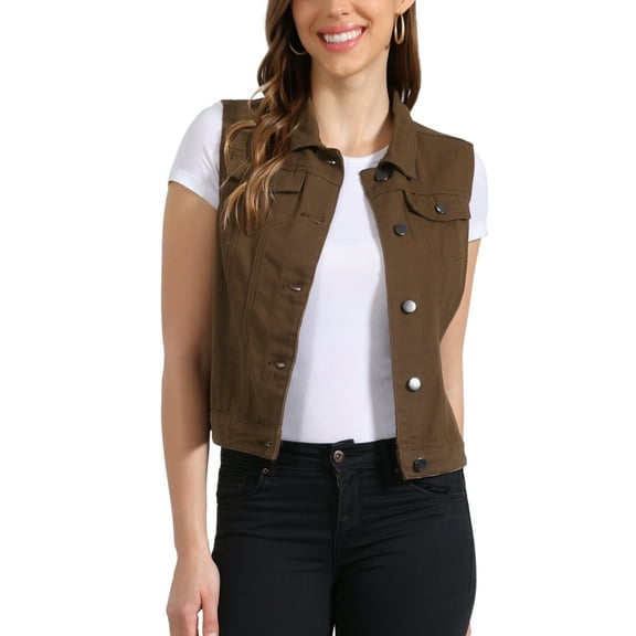 INSPIRE CHIC Women's Washed Denim Button Sleeveless Vest Jacket with Pockets S Dark Coffee