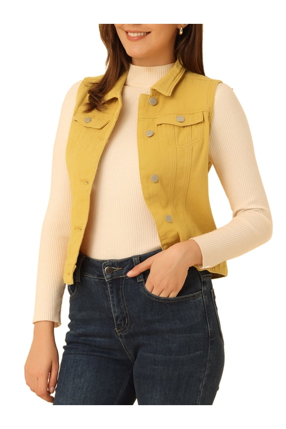 Women's Washed Denim Button Sleeveless Vest Jacket with Pockets S Yellow