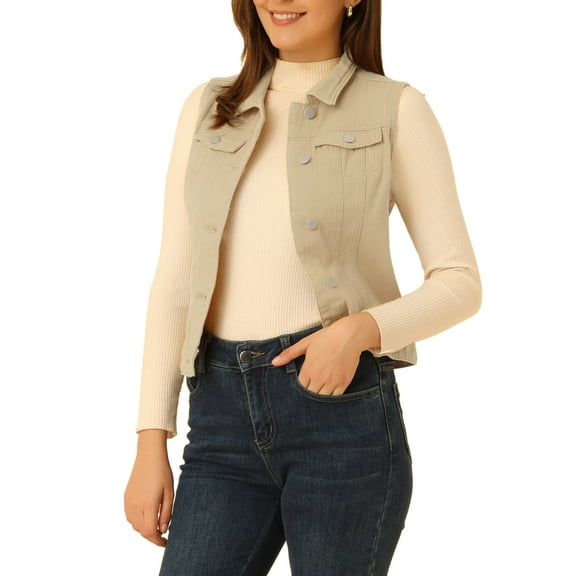 INSPIRE CHIC Women's Washed Denim Button Sleeveless Vest Jacket with Pockets XL Beige