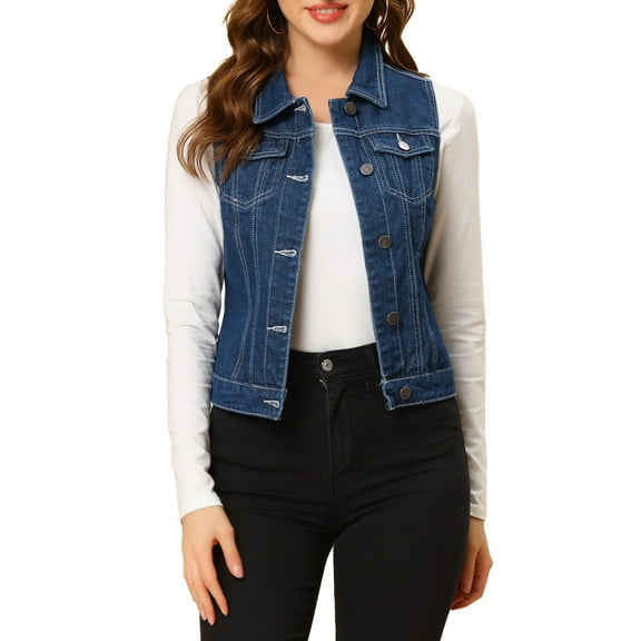 INSPIRE CHIC Women's Washed Denim Button Sleeveless Vest Jacket with Pockets XL Dark Blue-1