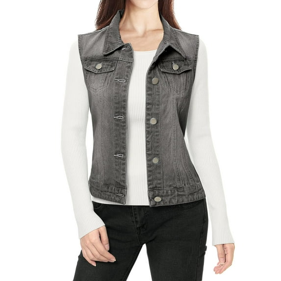 INSPIRE CHIC Mother's Day Women's Washed Denim Button Sleeveless Vest Jacket with Pockets Gray XL
