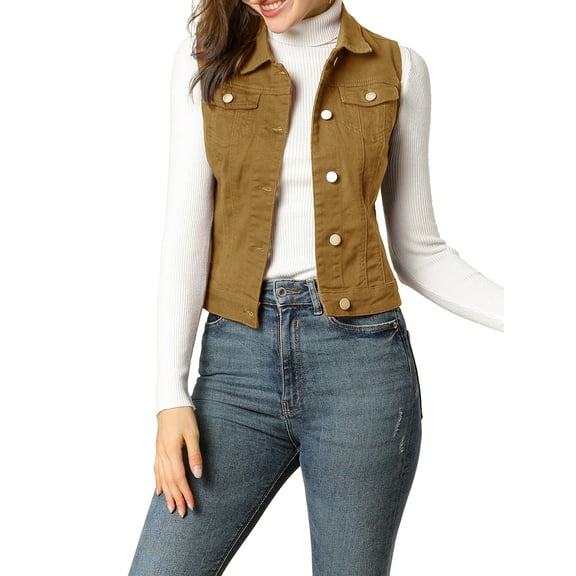 INSPIRE CHIC Women's Washed Denim Button Sleeveless Vest Jacket with Pockets XL Khaki
