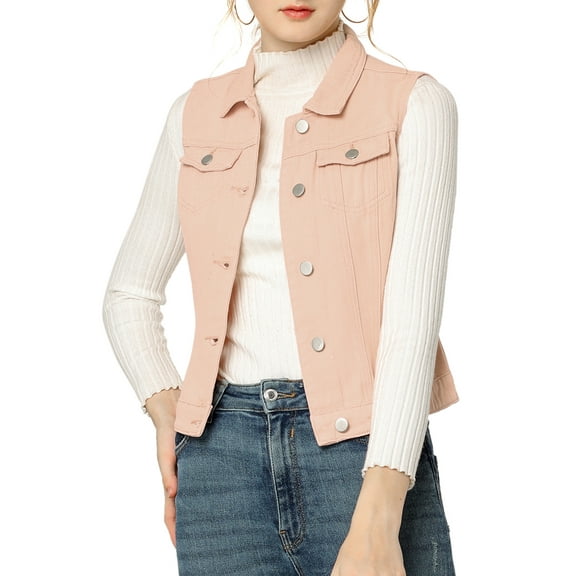 INSPIRE CHIC Women's Washed Denim Button Sleeveless Vest Jacket with Pockets XL Pink