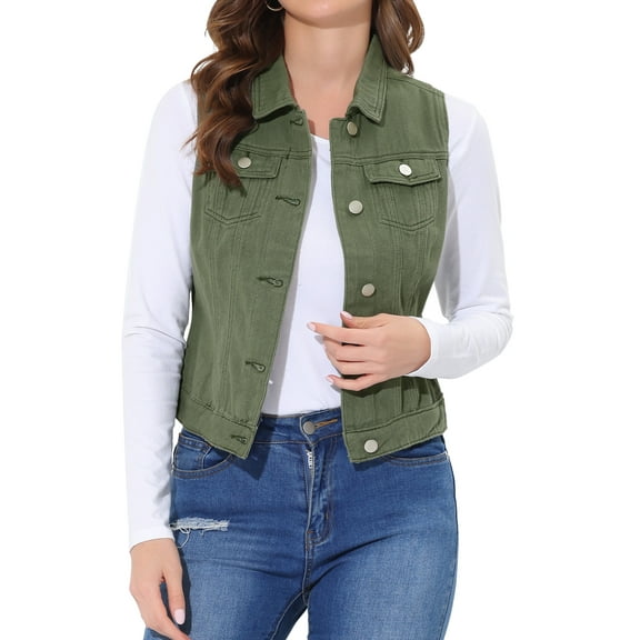 INSPIRE CHIC Women's Washed Denim Button Sleeveless Vest Jacket with Pockets XS Army Green-1