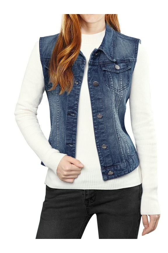 Women's Washed Denim Button Sleeveless Vest Jacket with Pockets XS Dark Blue