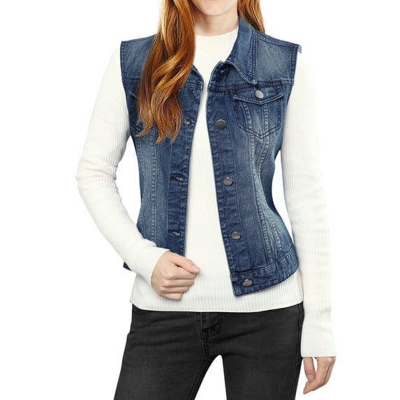INSPIRE CHIC Women's Washed Denim Button Sleeveless Vest Jacket with Pockets XS Dark Blue