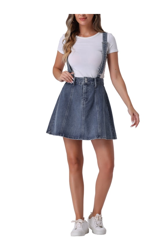 Women's Denim Skirt Overall Adjustable Strap Braces Mini Suspender Washed Jean Skirts XS Retro Blue