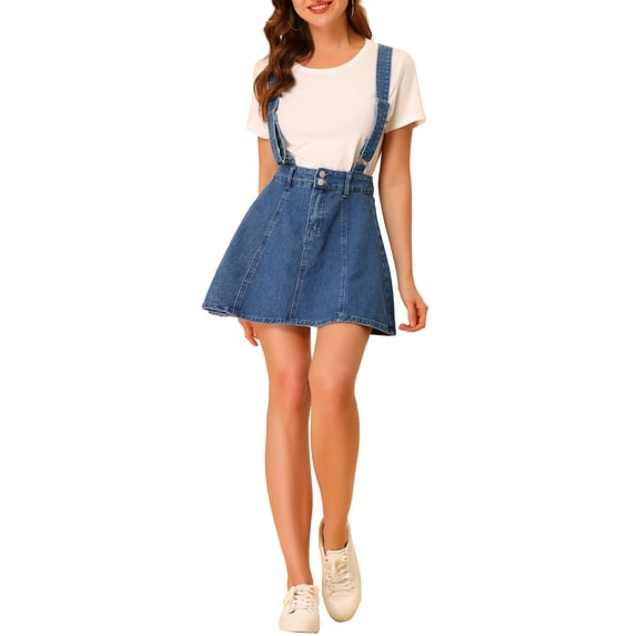 Women's Denim Skirt Overall Adjustable Strap Braces Mini Suspender Washed Jean Skirts XS M Blue
