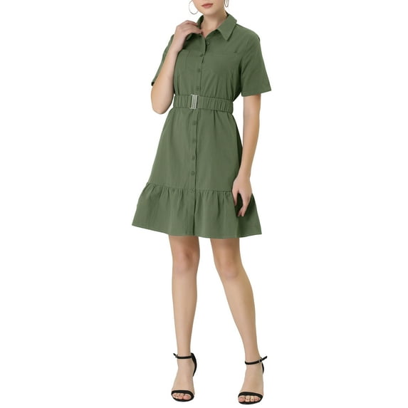 INSPIRE CHIC Women's Wear to Work Belted Button Down Cotton Ruffled Safari Shirt Dress XS Army Green