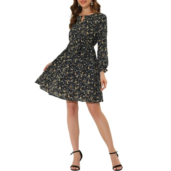 INSPIRE CHIC Women's Wear to Work Choker Belted Keyhole V Neck Floral Dress Black L