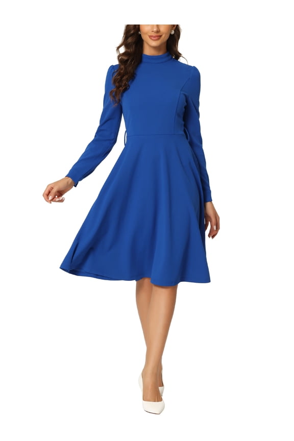 Women's Wear to Work Elegant Mock Neck Long Sleeve Self Tie Waist Knit Midi Dress XS Royal Blue