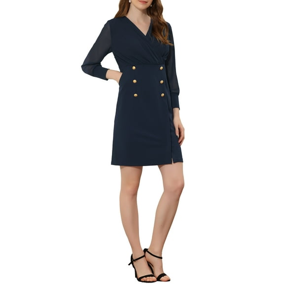 INSPIRE CHIC Women's Wear to Work Elegant V Neck Sheer Contrast Button Decor A-Line Dress S Dark Blue