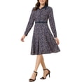 thumbnail image 1 of INSPIRE CHIC Women's Wear to Work Floral Contrast Collar Belt Long Sleeve Midi Dress XS Navy Blue, 1 of 5