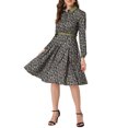 thumbnail image 1 of INSPIRE CHIC Women's Wear to Work Floral Contrast Collar Belt Long Sleeve Midi Dress M Blacks, 1 of 5