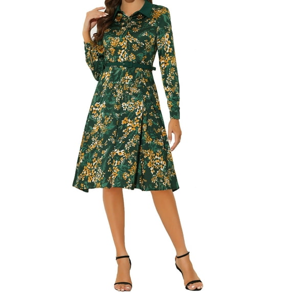 INSPIRE CHIC Women's Wear to Work Floral Contrast Collar Belt Long Sleeve Midi Dress S Green