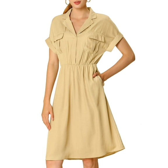 INSPIRE CHIC Women's Wear to Work Notched Lapel V Neck Elastic Waist Shirt Dress with Pockets S Khaki