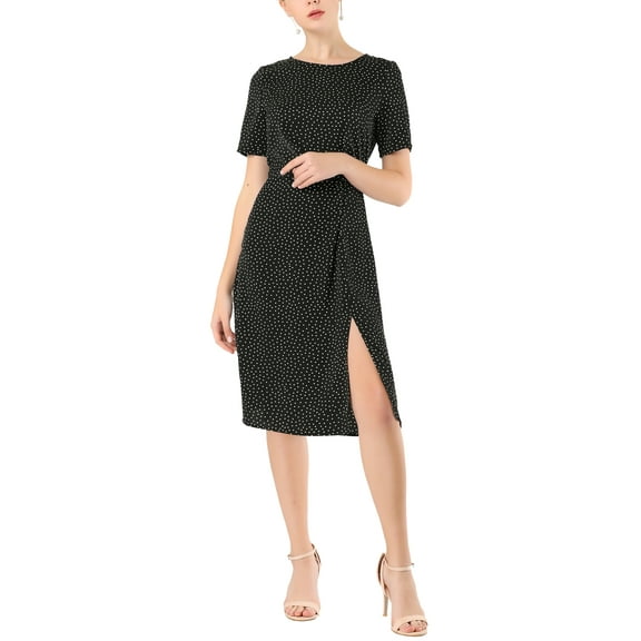 INSPIRE CHIC Women's Wear to Work Polka Dots Short Sleeve Elastic Waist Vintage Midi Dress with Slit