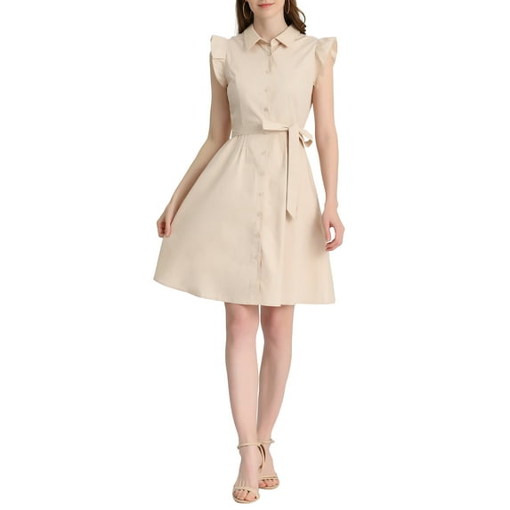 INSPIRE CHIC Women's Shirt Dress Cap Sleeves Point Collar Tie Waist Button Mid Dresses S Beige