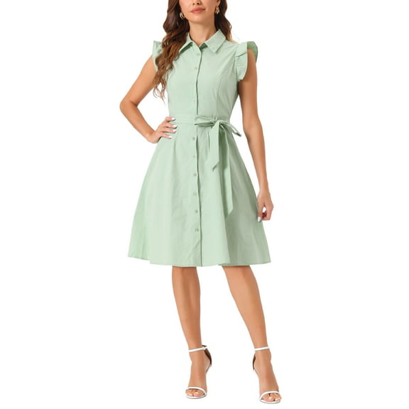 INSPIRE CHIC Women's Shirt Dress Cap Sleeves Point Collar Tie Waist Button Mid Dresses XL Sage Green