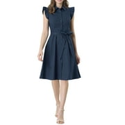 INSPIRE CHIC Women's Cotton Shirt Dress Cap Sleeves Point Collar Tie Waist Button Mid Dresses XS Navy Blue