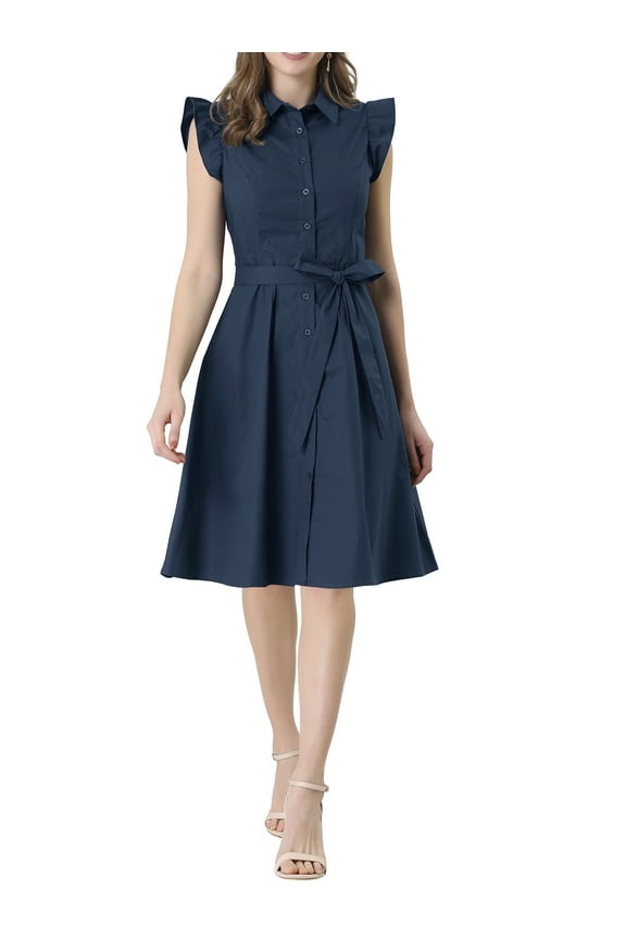 Women's Shirt Dress Cap Sleeves Point Collar Tie Waist Button Mid Dresses L Navy Blue
