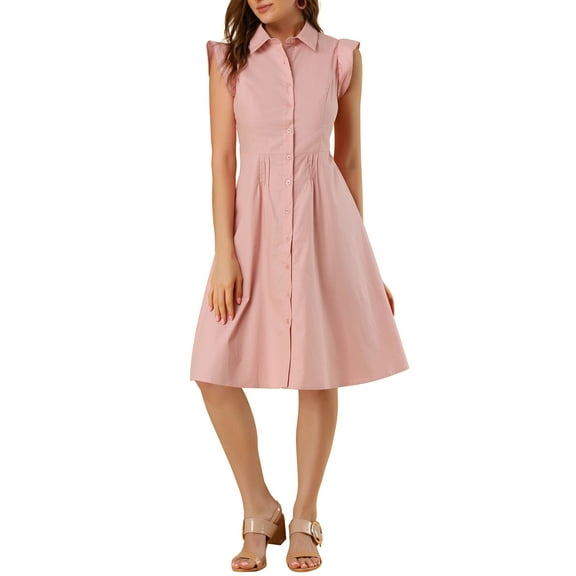INSPIRE CHIC Women's Shirt Dress Cap Sleeves Point Collar Tie Waist Button Mid Dresses XL Pink