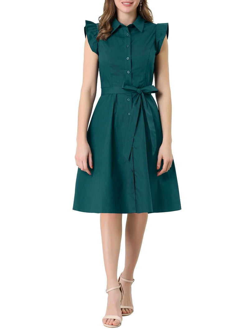 Allegra K Women's Wear to Work Shirt Dress with Ruffled Sleeves Button Down Belted Knee Length