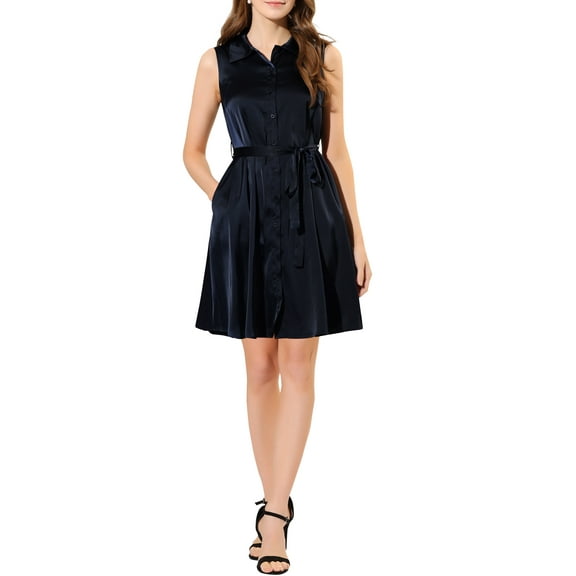 INSPIRE CHIC Women's Sleeveless Satin Dresses Solid Button Down Workwear Belted Shirt Dress Dark Blue M