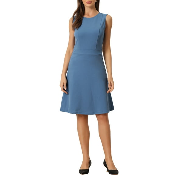 INSPIRE CHIC Women's Wear to Work Solid Color Sleeveless A-Line Flared Midi Dresses L Grayish Blue