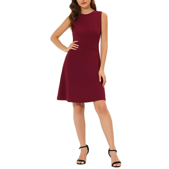 INSPIRE CHIC Women's Wear to Work Solid Color Sleeveless A-Line Flared Midi Dresses S Burgundy