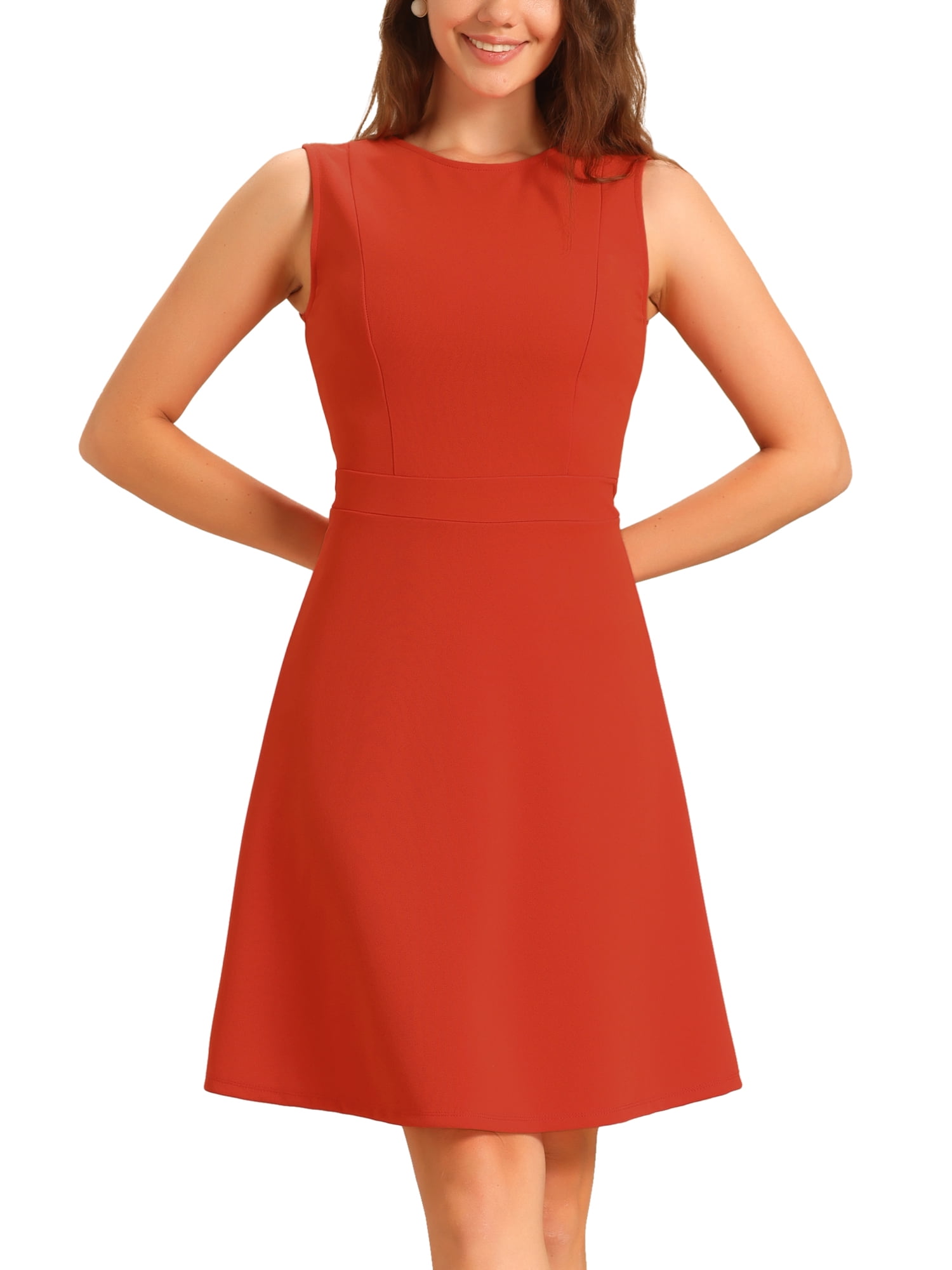 INSPIRE CHIC Women's Wear to Work Solid Color Sleeveless A-Line Flared Midi  Dresses S Orange Red - Walmart.com