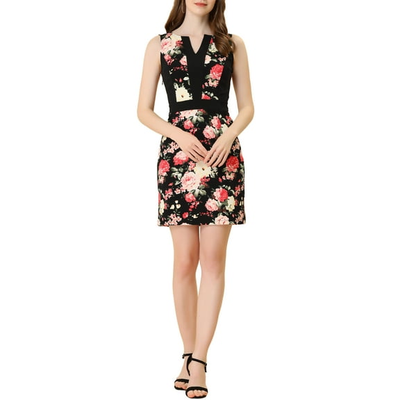 INSPIRE CHIC Women's Wear to Work Split V Neck Sleeveless Patchwork Pencil Sheath Dress M Black-Floral