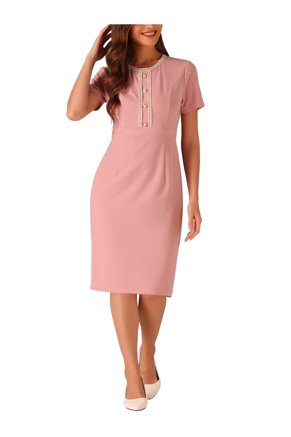 Women's Dress Short Sleeve Wear-to-Work Tweed Bodycon Sheath Pencil Dress L Pink
