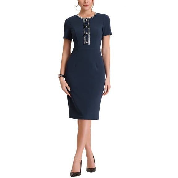 INSPIRE CHIC Women's Dress Short Sleeve Wear-to-Work Tweed Bodycon Sheath Pencil Dress S Navy Blue