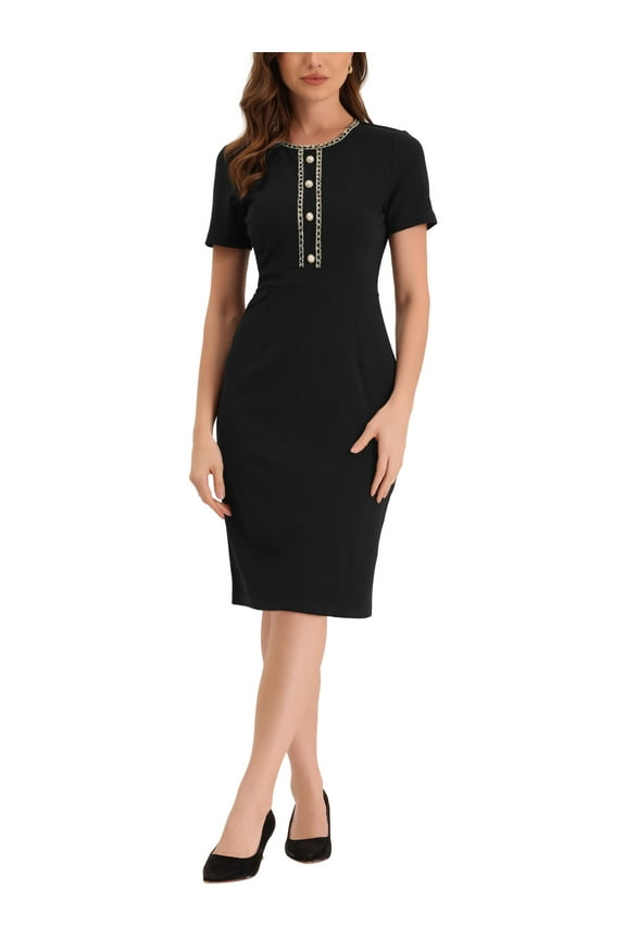 Women's Dress Short Sleeve Wear-to-Work Tweed Bodycon Sheath Pencil Dress XL Black