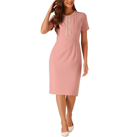 INSPIRE CHIC Women's Dress Short Sleeve Wear-to-Work Tweed Bodycon Sheath Pencil Dress XS Pink