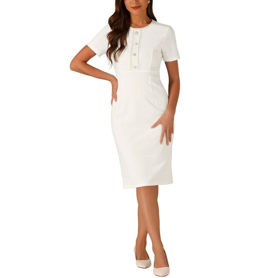 INSPIRE CHIC Women's Dress Short Sleeve Wear-to-Work Tweed Bodycon Sheath Pencil Dress XS White