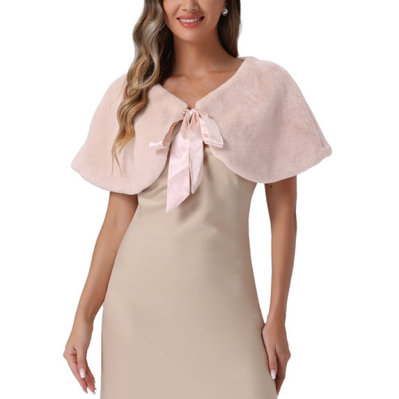 INSPIRE CHIC Women's Wedding Faux Fur Cropped Shrug Shawl with Bowknot Satin Ribbon XS Pink