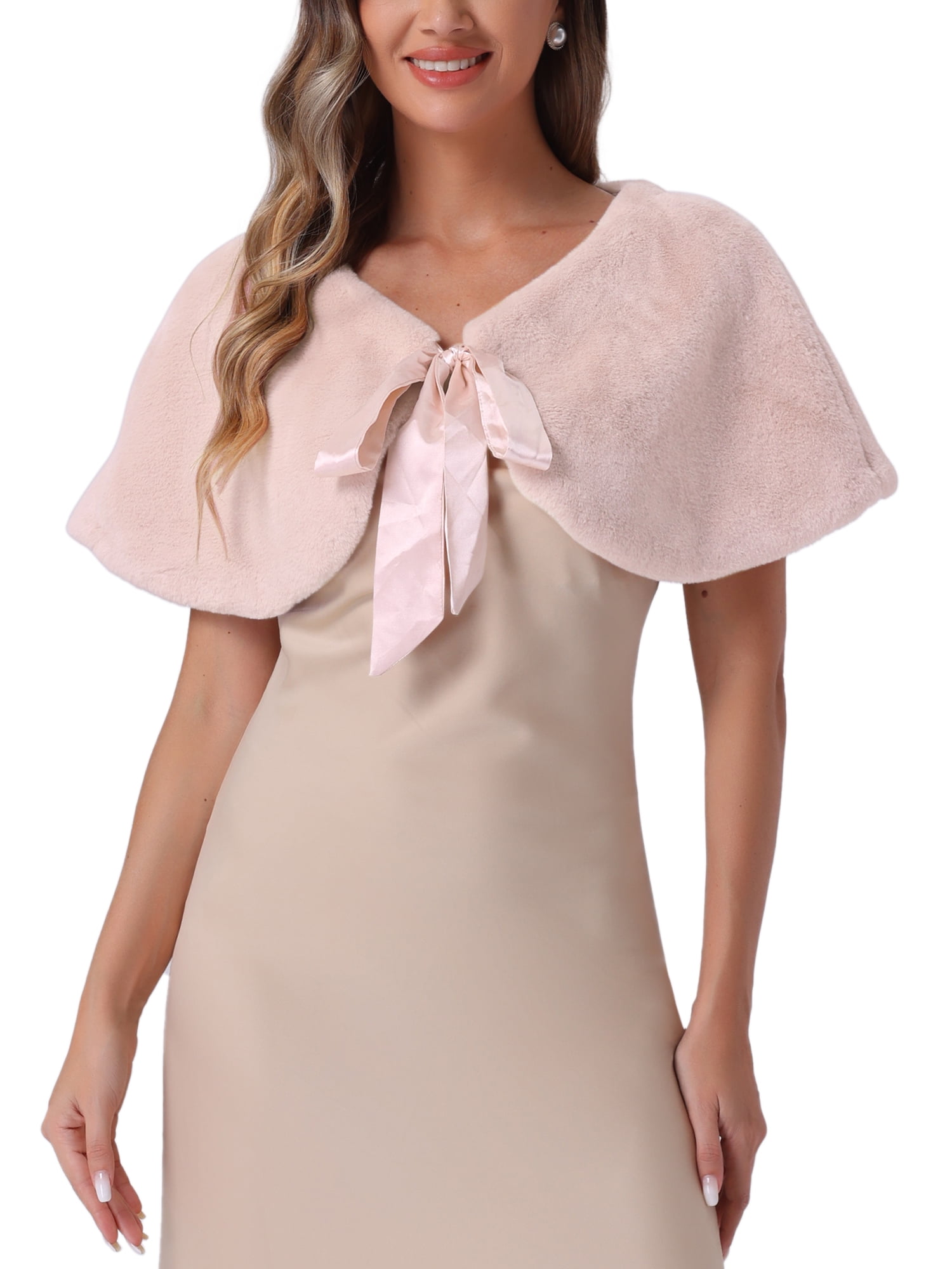 Allegra K Women's Wedding Faux Fur Cropped Shrug Shawl with Bowknot