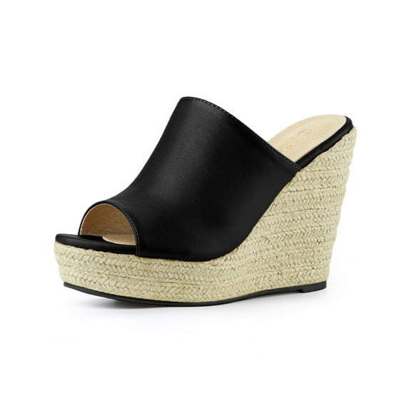BLISSFUL STEP Women's Shoes Wedge Heel Open Toe Espadrille Platform Mules Black 6