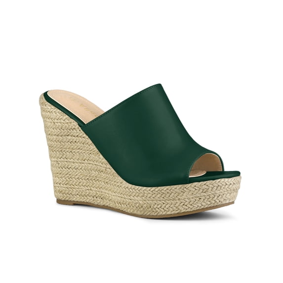 BLISSFUL STEP Women's Shoes Wedge Heel Open Toe Espadrille Platform Mules Dark Green 6