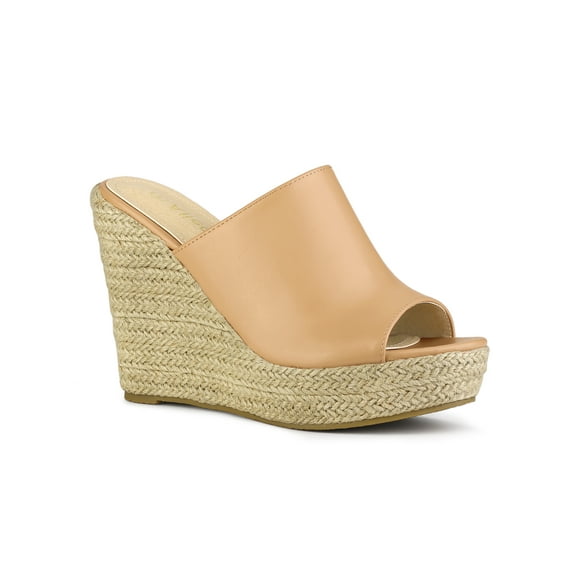 BLISSFUL STEP Women's Shoes Wedge Heel Open Toe Espadrille Platform Mules Nude 9