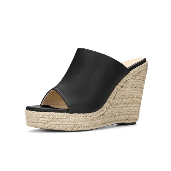 BLISSFUL STEP Women's Shoes Wedge Heel Open Toe Espadrille Platform Mules Black 9