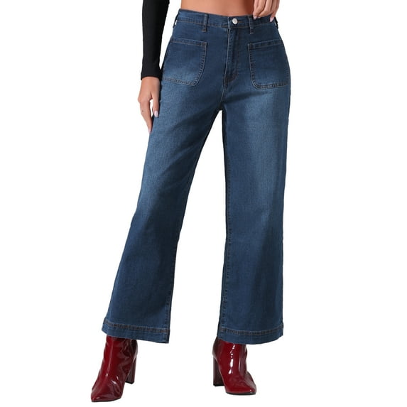 REFINED ATTIRE Women's Wide Leg Jeans High Waisted Stretchy Straight Leg Jeans Denim Pants S Dark Blue