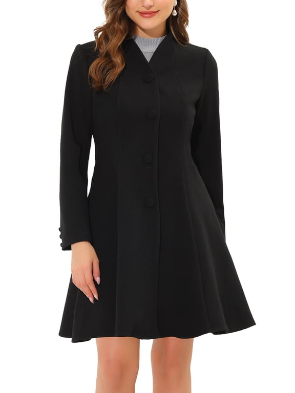 Women's Single Breasted Coat A Line Mid-Long Peacoats Outerwear Winter Coats 3XL Black
