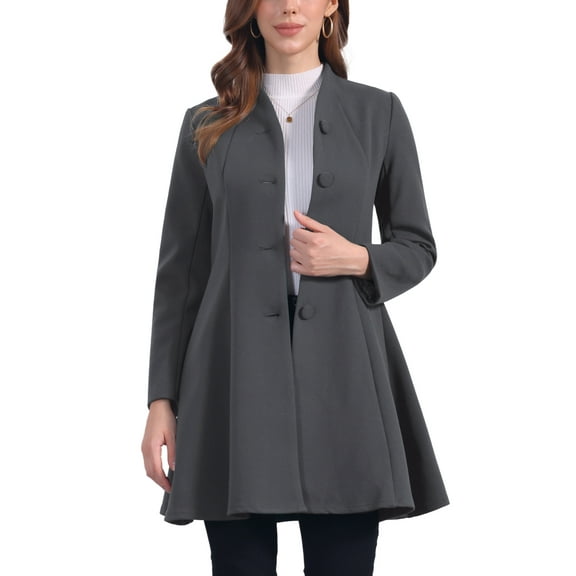 INSPIRE CHIC Women's Winter Coat A-Line Long Sleeve Single Breasted Peplum Hem Long Coat L Dark Gray