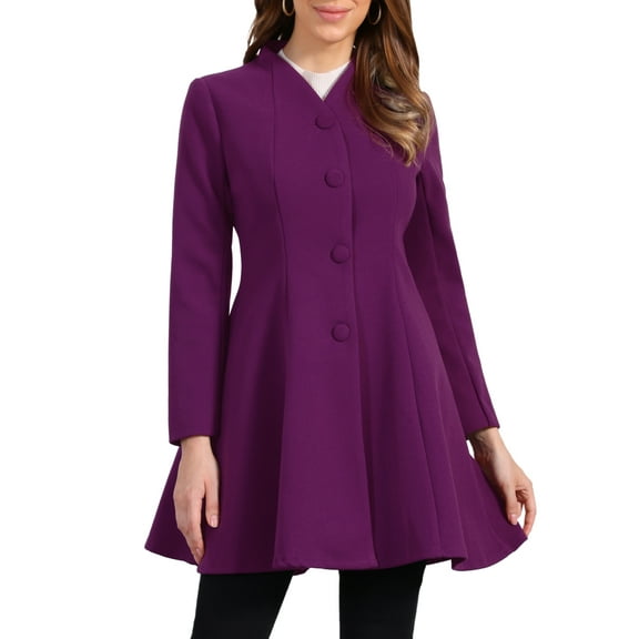 INSPIRE CHIC Women's Winter Coat A-Line Long Sleeve Single Breasted Peplum Hem Long Coat M Dark Purple